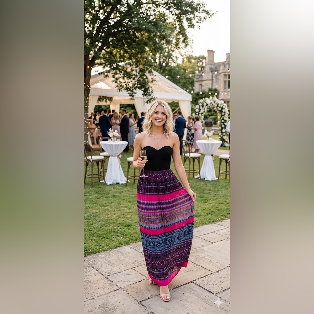 SANS SUCCI strapless maxi dress, black top with colorful flowy skirt size small